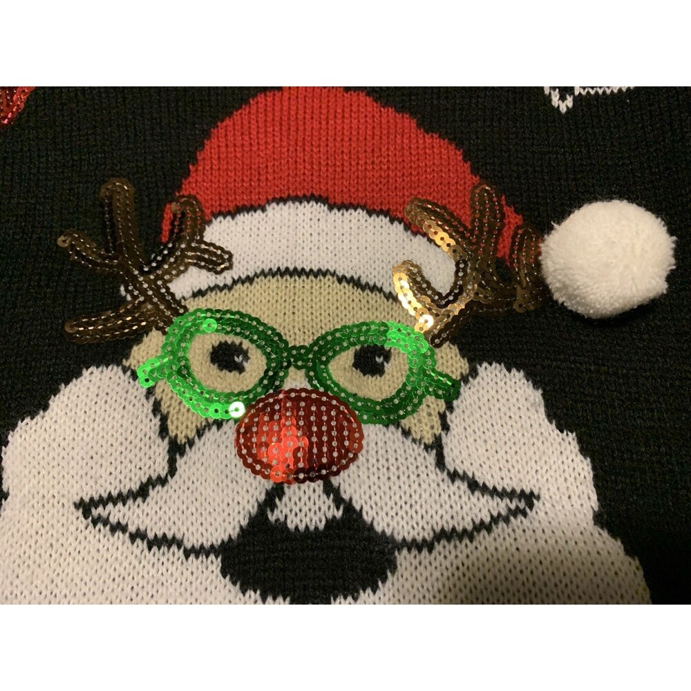 New Directions Large Santa Knit Sweater Sequined & 3D Black Christmas Pullover L